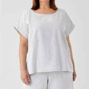 Eileen Fisher Organic Cotton Ripple Ballet Neck Top Striped lagenlook summer XL